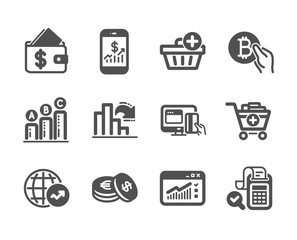 Set of Finance icons, such as Decreasing graph, World statistics, Add purchase, Add products, Graph chart, Bill accounting, Web traffic, Wallet, Savings, Mobile finance, Bitcoin pay. Vector