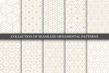 Collection of seamless ornamental geometric minimalistic patterns. Luxury trendy grid backgrounds. Creative linear gold texture
