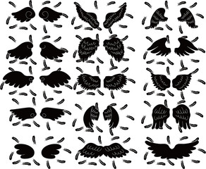 BLACK Angel wings of feathers fluttering set