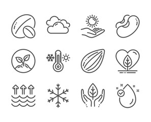Set of Nature icons, such as Fair trade, Evaporation, Sun protection, Almond nut, Soy nut, Thermometer, Startup, Snowflake, Cloudy weather, Local grown, Vitamin e, Beans line icons. Vector