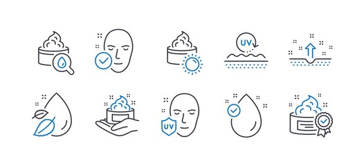 Set of Beauty icons, such as Skin care, Sun cream, Health skin, Uv protection, Water drop, Vitamin e, Uv protection, Moisturizing cream line icons. Face lotion, Clean face. Line skin care icon. Vector