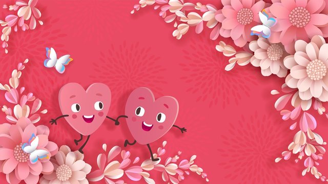 Valentines day design, animated cute hearts boy and girl run holding hands among blooming 3d peonies and butterflies. Festive vector banner in coral color.
