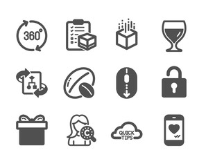 Set of Business icons, such as Wine glass, Technical algorithm, Quick tips, 360 degrees, Augmented reality, Soy nut, Parcel checklist, Lock, Gift box, Love chat, Collagen skin, Scroll down. Vector