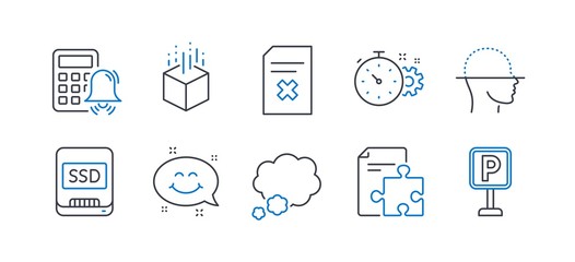 Set of Business icons, such as Ssd, Cogwheel timer, Smile chat, Face scanning, Strategy, Delete file, Talk bubble, Augmented reality, Calculator alarm, Parking line icons. Line ssd icon. Vector