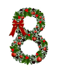 Number 8 with decoration for Christmas design and New Year and spruce tree and holly red berries. Creative alphabet, arabic eight number and sign vector. Vector Font for Title, Header, Lettering, Logo