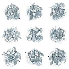 Fototapeta na wymiar Isometric abstractions with lines and different elements, vector abstract backgrounds. Compositions of cubes, hexagons, squares, rectangles and different abstract elements. Vector set.