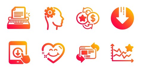 Download arrow, Scroll down and Refresh website line icons set. Smile face, Engineering and Loyalty points signs. Typewriter, Ranking stars symbols. Crisis, Swipe arrow. Technology set. Vector