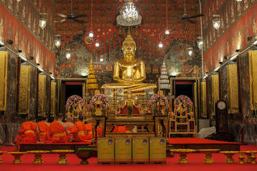 Buddha image and monks in Sraket  Wat Rajavaravihara Temple, Bangkok,Thailand