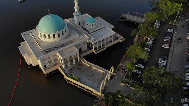 Aerial view of the beautiful floating mosque of Kuching  or also known as masjid india during sunset