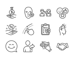 Set of People icons, such as Brand ambassador, Eye checklist, Smile face, Income money, Like, Problem skin, Handshake, Refer friend, Loan percent, Clapping hands, Swipe up line icons. Vector
