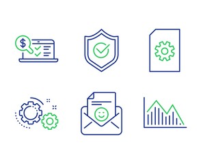 File management, Smile and Gears line icons set. Online accounting, Approved shield and Investment graph signs. Doc with cogwheel, Positive mail, Work process. Web audit. Business set. Vector