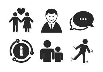 Group of people symbol. Chat, info sign. Businessman person icon. Man love Woman or Lovers sign. Caution slippery. Classic style speech bubble icon. Vector