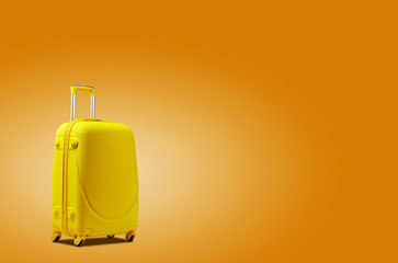 Yellow suitcase is standing against an orange background. A realistic shadow is drawn in under it. Collage. Copy space, close-up.