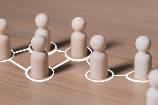 Social connections by white lines with people figurines , Call for cooperation creating a new team and action contacts communication  in society