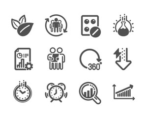 Set of Science icons, such as Teamwork, Report, Time management, Seo analysis, Energy drops, Survey, Organic product, Medical tablet, 360 degrees, Chemistry experiment, Time, Chart. Vector
