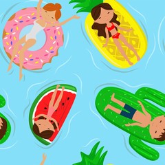  vector illustration pattern people swim in the sea on air mattresses, relax color sketch, summer