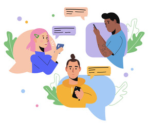 Young people use smartphones and chatting in messenger or social network. Social Media chat and communication concept. Friends Characters with speech bubbles. Flat Cartoon Vector Illustration