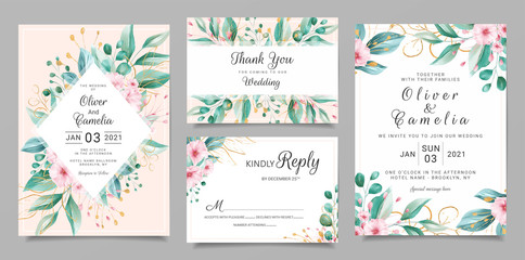 Fototapeta na wymiar Delicate wedding invitation card template set with watercolor floral and gold glitter decoration. Flowers and leaves botanic illustration for background, save the date, invitation, greeting card