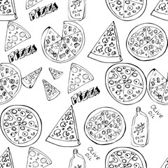 Seamless pattern with hand drawn pizza slices.
