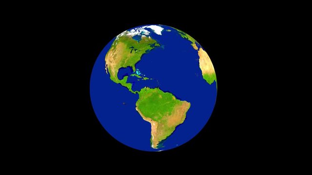 Earth spinning around. Globe as blue marble rolling around 360 degrees. 4K 3D animation on black background. Made of public domain image from NASA