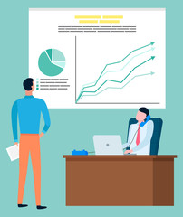 Statistics graphic, brokers company, investment rate vector. Man talking by phone at laptop, diagram and chart, analytical data, business and finance