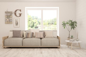 Stylish room in white color with sofa and summer landscape in window. Scandinavian interior design. 3D illustration