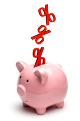 Percent falls in the piggy bank. Interest payments on investments or deposits. Isolated on white...