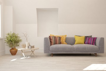 Stylish room in white color with colorful sofa. Scandinavian interior design. 3D illustration