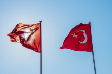 Waving Turkish Flag in the sky. Writing area. Background. Wallpaper.