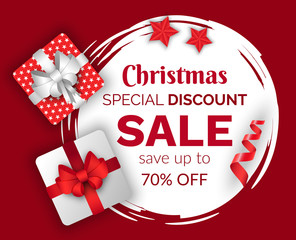 Fototapeta na wymiar Christmas sale vector, promotional banner with presents and stars decor. Winter holidays discounts and sellout in stores and shops. Giftbox with ribbons and bows. Proposals at market for clients