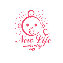 Cute smiling baby face vector emblem. Maternity and new life concept. Prenatal center and motherhood preparing clinic abstract emblem