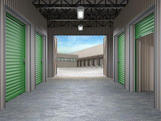 storage hall with open storages doors 3d illustration