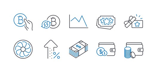 Set of Finance icons, such as Line chart, Loyalty points, Refresh bitcoin, Buying accessory, Usd currency, Loyalty gift, Increasing percent, Fan engine, Bitcoin pay, Payment method. Vector