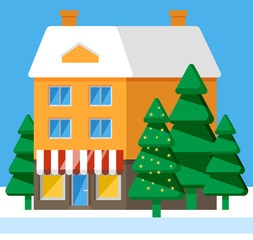 Building in town, housing for people. Facade, front exterior with windows and door, flue and snowy roof. Fir or pine trees outside, evergreen plants in lawn. Vector illustration of winter landscape