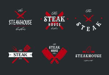 Steak house set logo with grill, steak, knife, meat, wine and beer. A restaurant. Steak cafe. Vector illustration.
