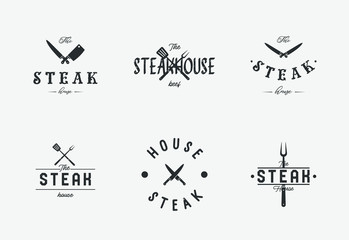 Steak house set logo with grill, steak, knife, meat, wine and beer. A restaurant. Steak cafe. Vector illustration.