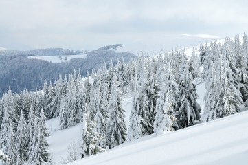 Beautiful picturesque winter slope with funiculars