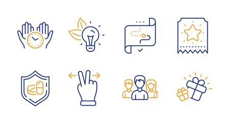 Safe time, Touchscreen gesture and Target path line icons set. Eco energy, Medical tablet and Loyalty ticket signs. Teamwork, Gift symbols. Hold clock, Swipe. Business set. Line safe time icon. Vector