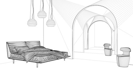 Blueprint project draft, classic metaphysics surreal interior design, bedroom with ceramic floor, open space, archway with armchairs, unusual architecture, project idea