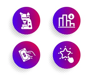 Decreasing graph, Pay money and Microscope icons simple set. Halftone dots button. Ranking star sign. Crisis chart, Hold cash, Chemistry laboratory. Click rank. Education set. Vector