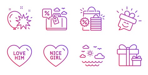 Shopping bags, Travel sea and Balloon dart line icons set. Nice girl, Smile and Travel loan signs. Love him, Surprise package symbols. Sale discount, Summer holidays. Holidays set. Vector