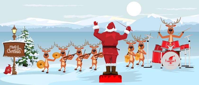 Santa Claus and reindeers with musical instruments New year christmas Orchestra concert on winter landscape scenery. Vector illustration.