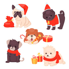 Christmas Puppy set with beautiful cute dogs. Different breeds of happy sitting pets with gifts and wearing scarfs and hats. Vector illustration. Cartoon style.