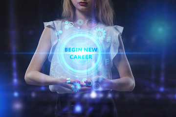 Business, Technology, Internet and network concept. Young businessman working on a virtual screen of the future and sees the inscription: begin new career