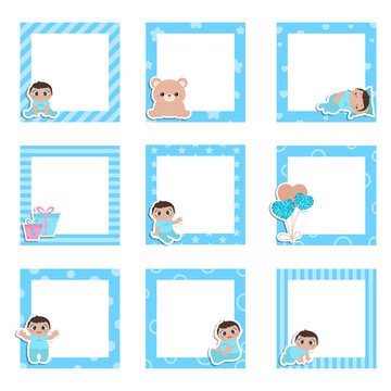 Set of cute colorful photo frame with baby icons
