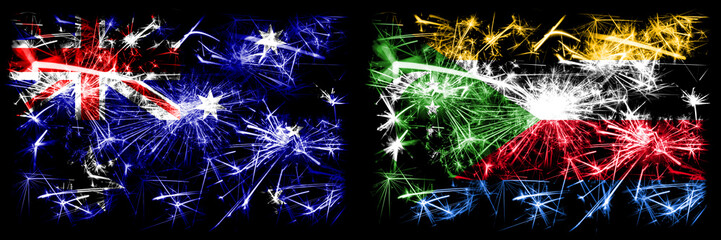Australia, Ozzie vs Comoros, Comorian New Year celebration sparkling fireworks flags concept background. Combination of two abstract states flags.