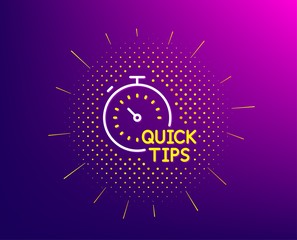 Quick tips line icon. Halftone pattern. Helpful tricks sign. Tutorials with timer symbol. Gradient background. Quick tips line icon. Yellow halftone pattern. Vector