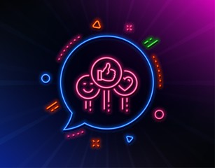 Social media like line icon. Neon laser lights. Thumbs up sign. Positive smile and heart feedback symbol. Glow laser speech bubble. Neon lights chat bubble. Banner badge with like icon. Vector