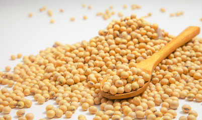 Soybeans background . Dry Soy bean or soya bean in a bowl with some soybeans in wooden spoon on white background