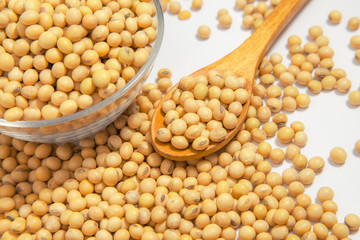 Soybeans background . Dry Soy bean or soya bean in a bowl with some soybeans in wooden spoon on white background